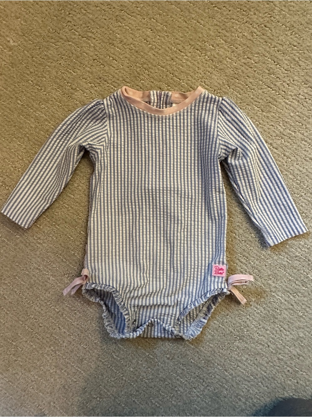 Ruffle Butts Blue & White Striped Long-Sleeve One-Piece with Pink Trim